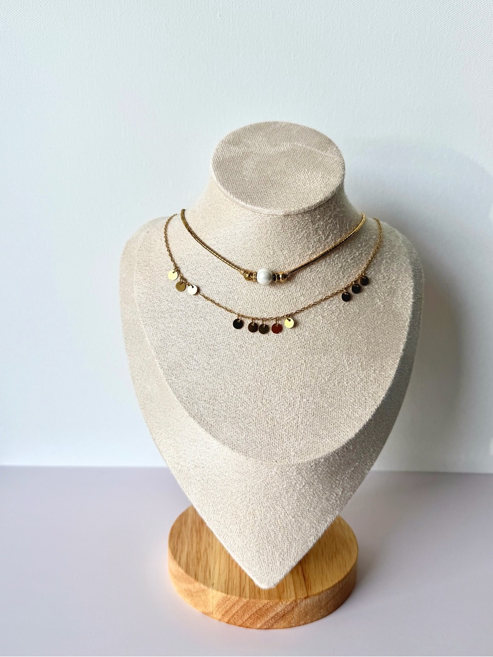 Layered Pearl Choker & Gold Disc Necklace Set | Waterproof Stainless Steel